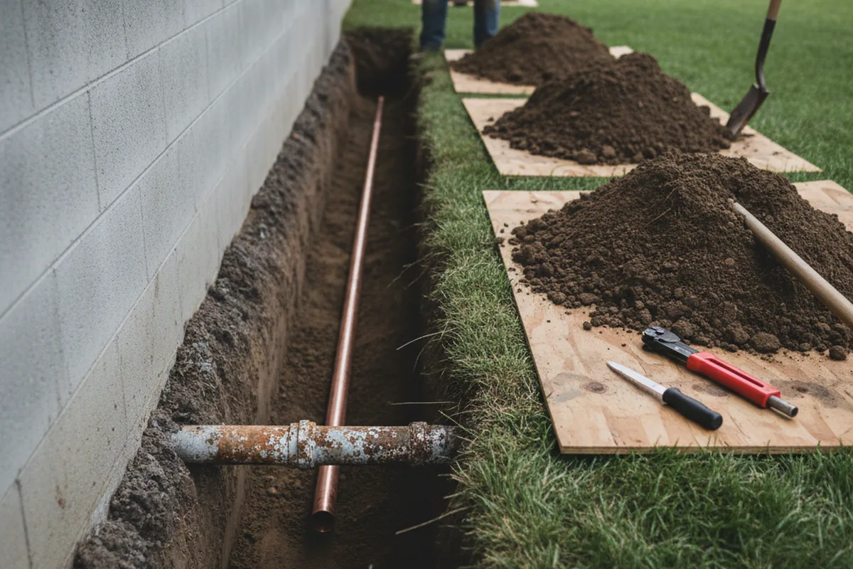 Excavated water line trench during Water Softener Installation in Napa